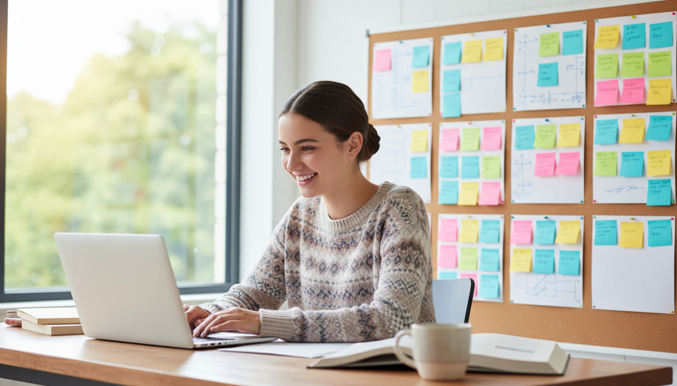 Photo Idea : Student working on a laptop with a sticky notes board showing EE sections and timelines