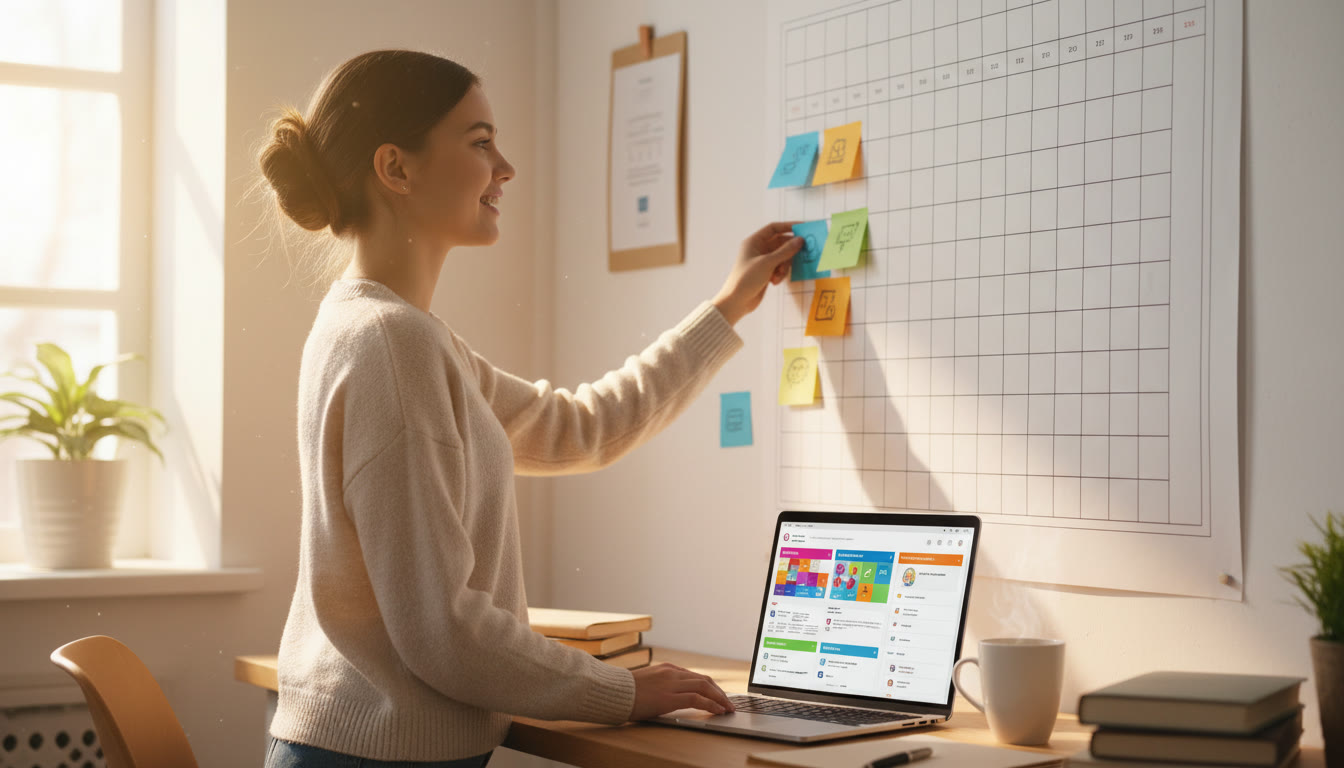Photo Idea : Student pinning colourful milestone sticky notes to a wall calendar while a laptop shows a university checklist
