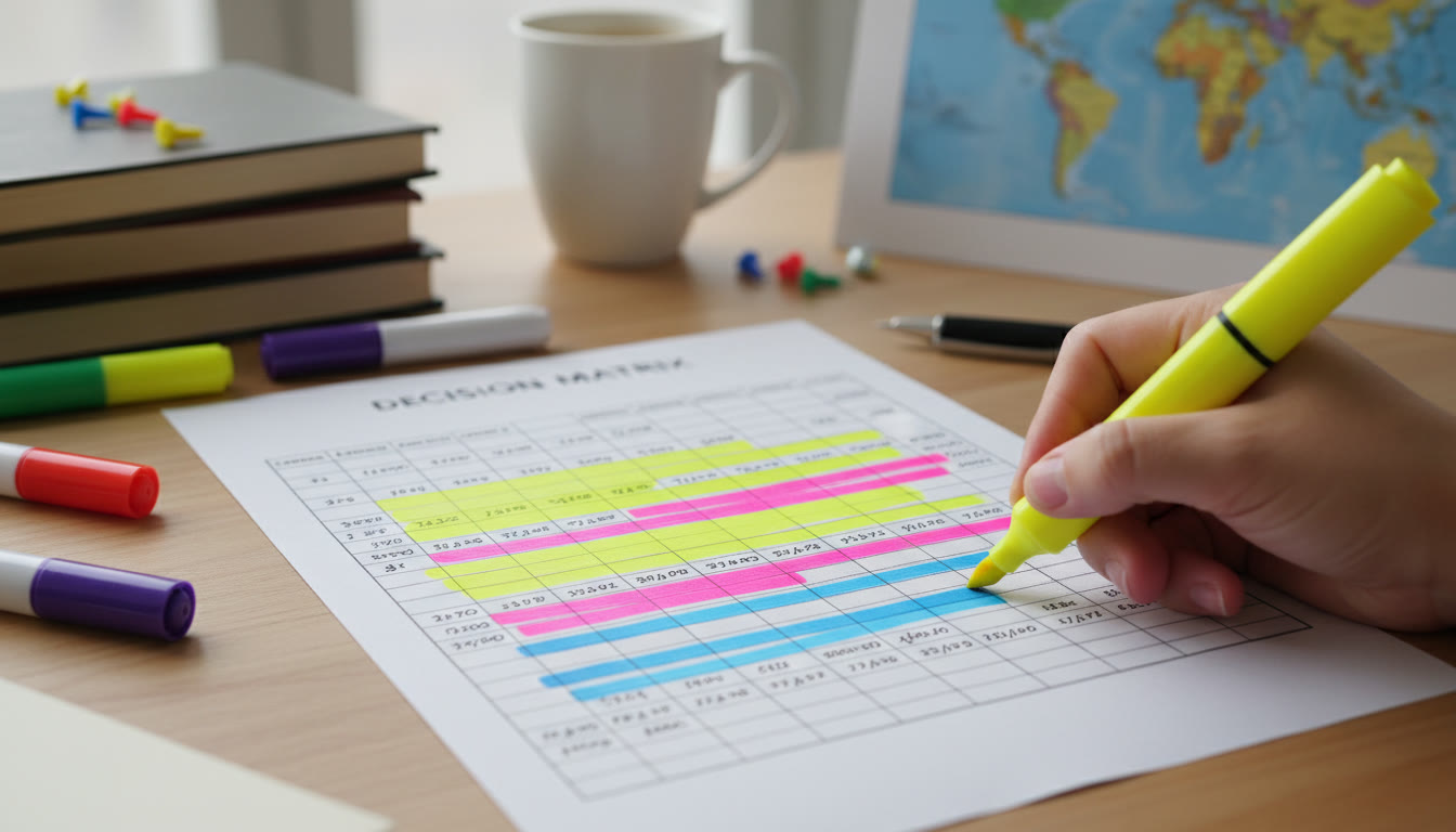Photo Idea : close-up of a printed decision matrix with colored highlighters marking scores