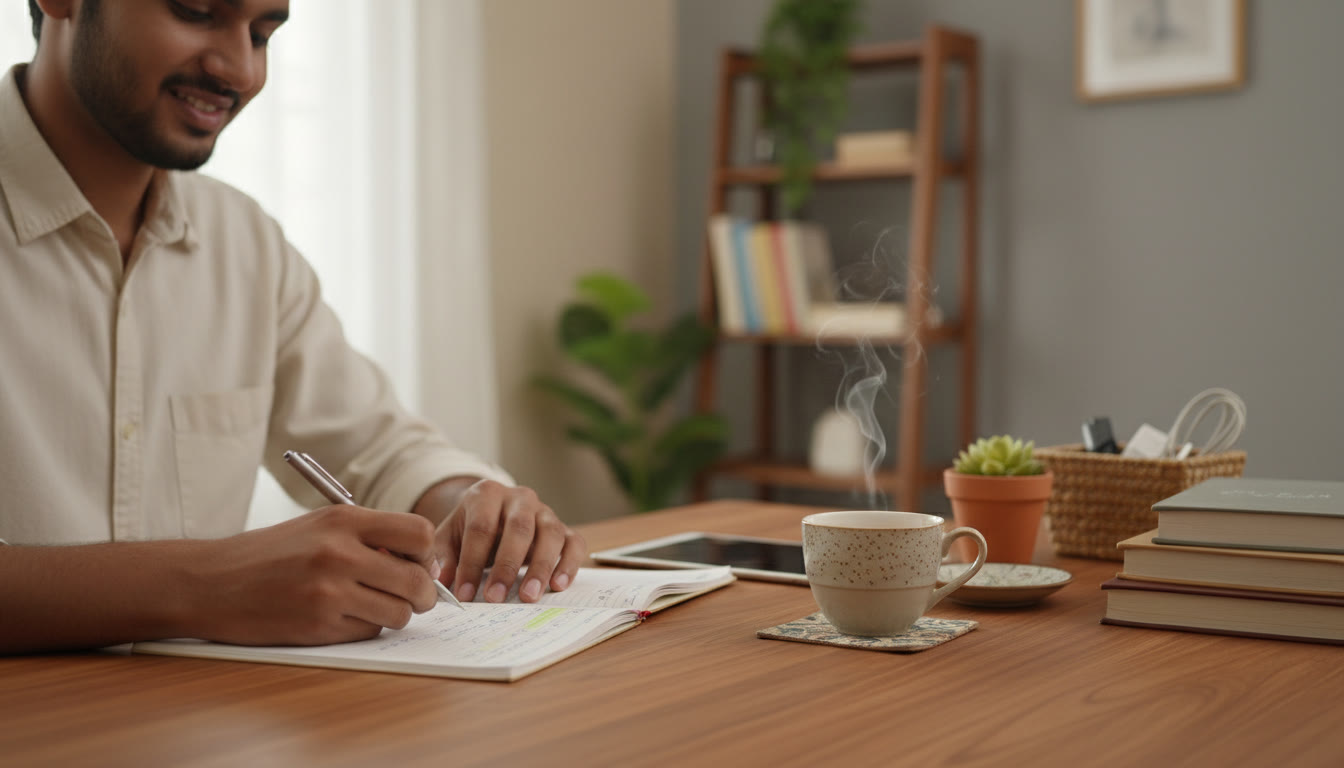 Photo Idea : [Close-up of a student calmly revising with neat notes and a cup of tea on the desk]