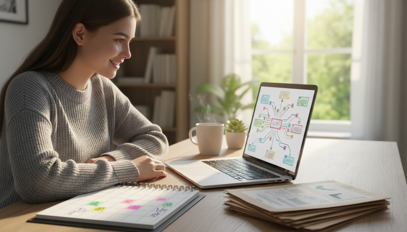 Photo Idea : A focused student at a desk with an IB calendar, past papers, and an open laptop displaying notes.