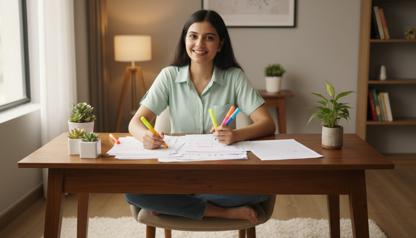 Photo Idea : Student at a tidy study desk analyzing marked mock test papers with colorful highlighters and a filled OMR sheet