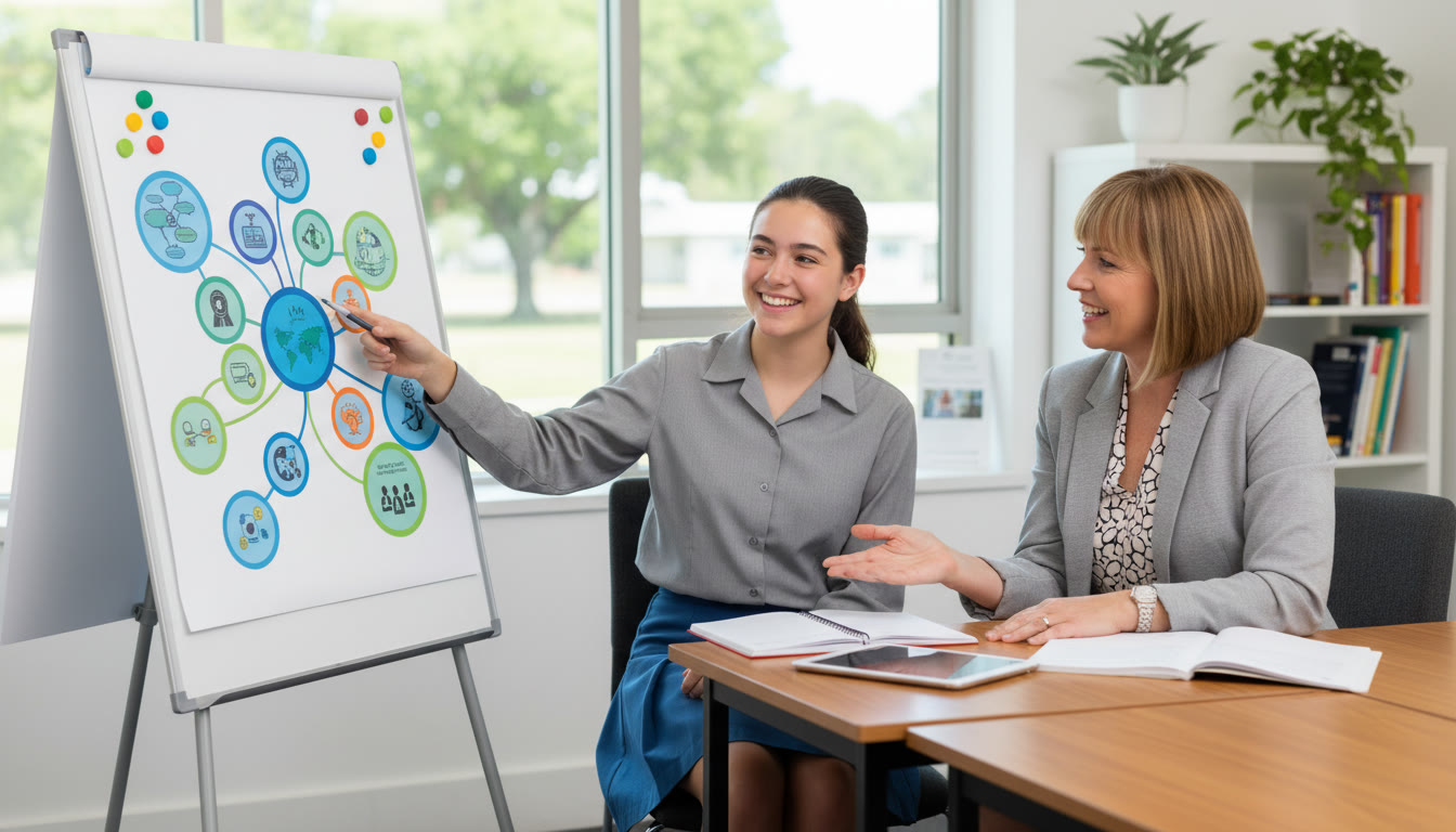 Photo Idea : An IB student working with a counsellor at a school desk, pointing to a career-mapping chart on a whiteboard