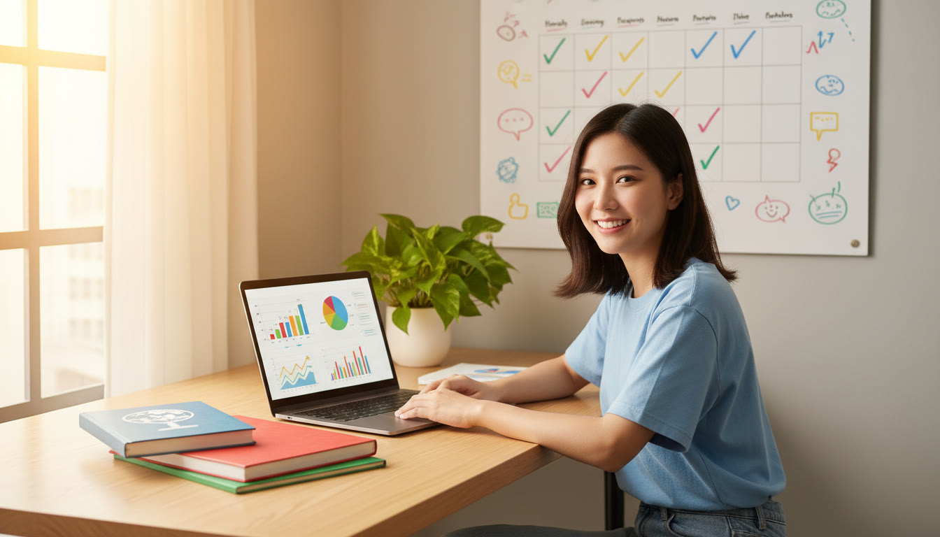 Photo Idea : A student working at a desk with notebooks, laptop, and a calendar marked with goals
