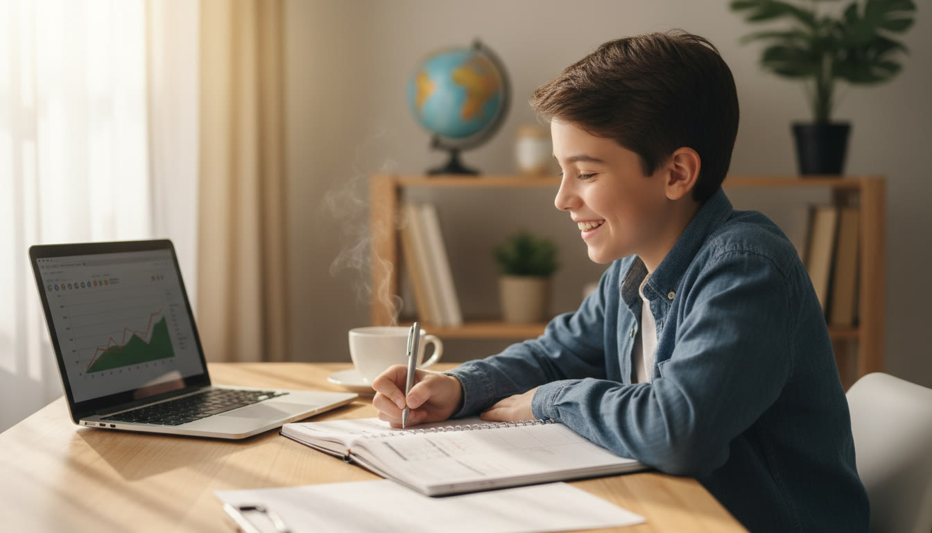 Photo Idea : a student at a clutter-free desk with a planner, laptop, and a cup of tea, smiling while checking off tasks