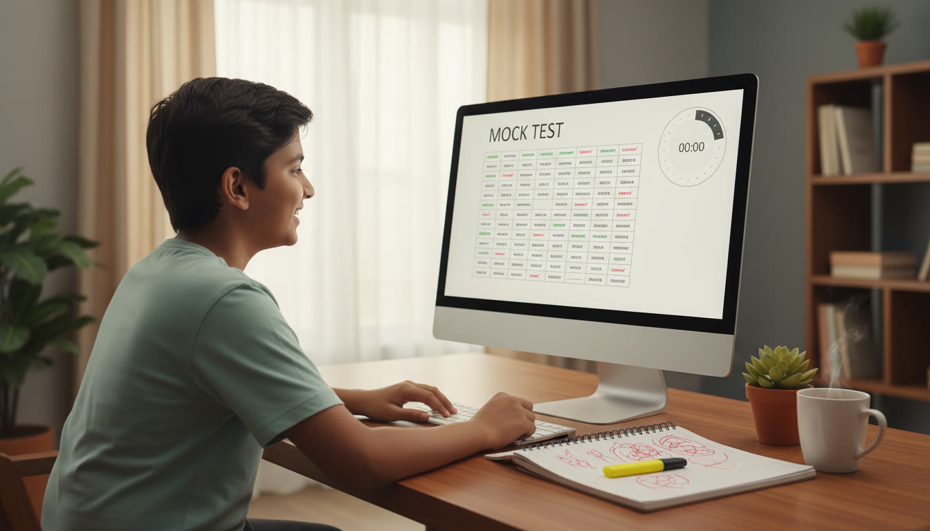 Photo Idea : a student analysing a mock test screen with a visible countdown timer and a highlighted error log notebook beside it