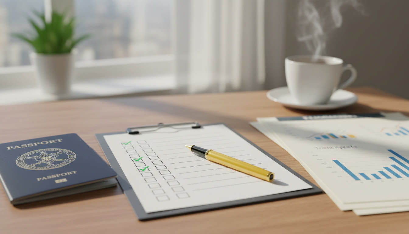 Photo Idea : close-up of a desktop with an organized application checklist, passport, and printed transcripts