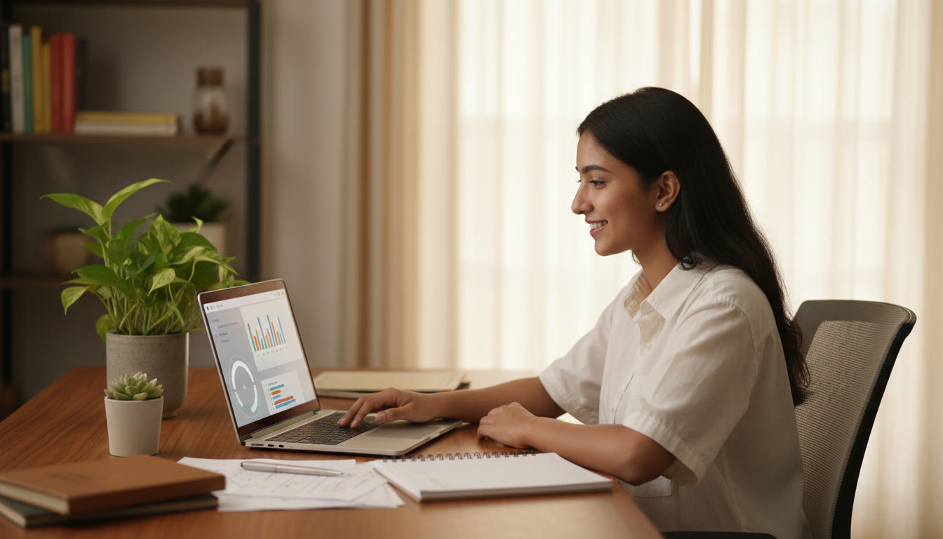 Photo Idea : Student calmly taking a mock test on a laptop with a visible countdown timer, desk with notes nearby