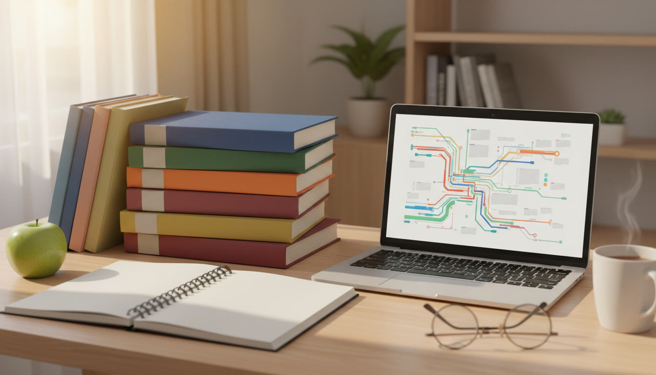 Photo Idea : Open notebook beside a stack of subject-specific books and a highlighted article on a laptop