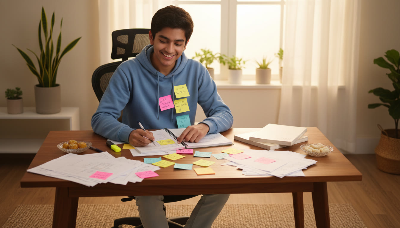 Photo Idea : A student reviewing a mock test with colored sticky notes marking errors and formulas