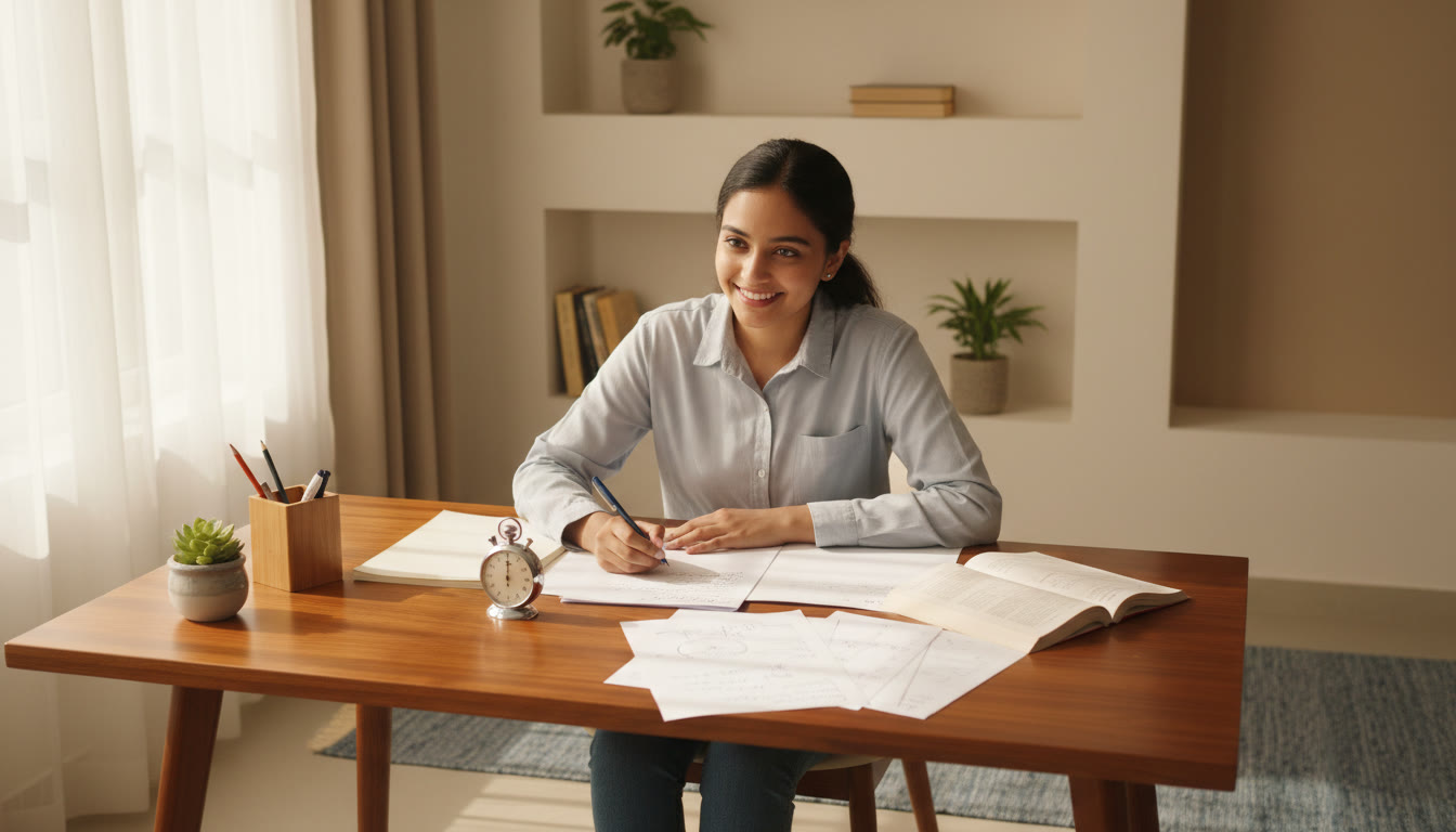 Photo Idea : Student seated at a tidy desk solving a sample paper with a stopwatch and scattered notes