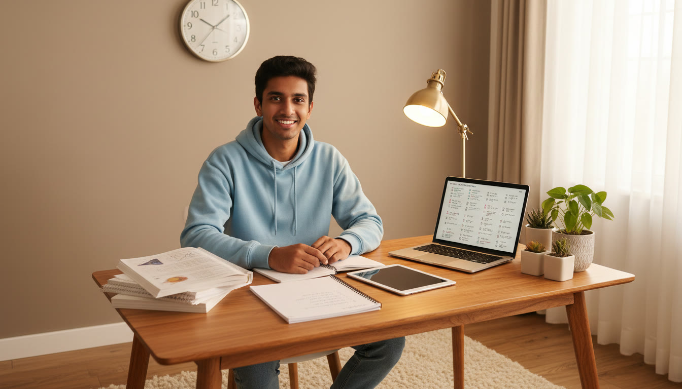 Photo Idea : Student at a tidy desk with open textbooks, a laptop showing practice questions, and a wall clock indicating focused study time