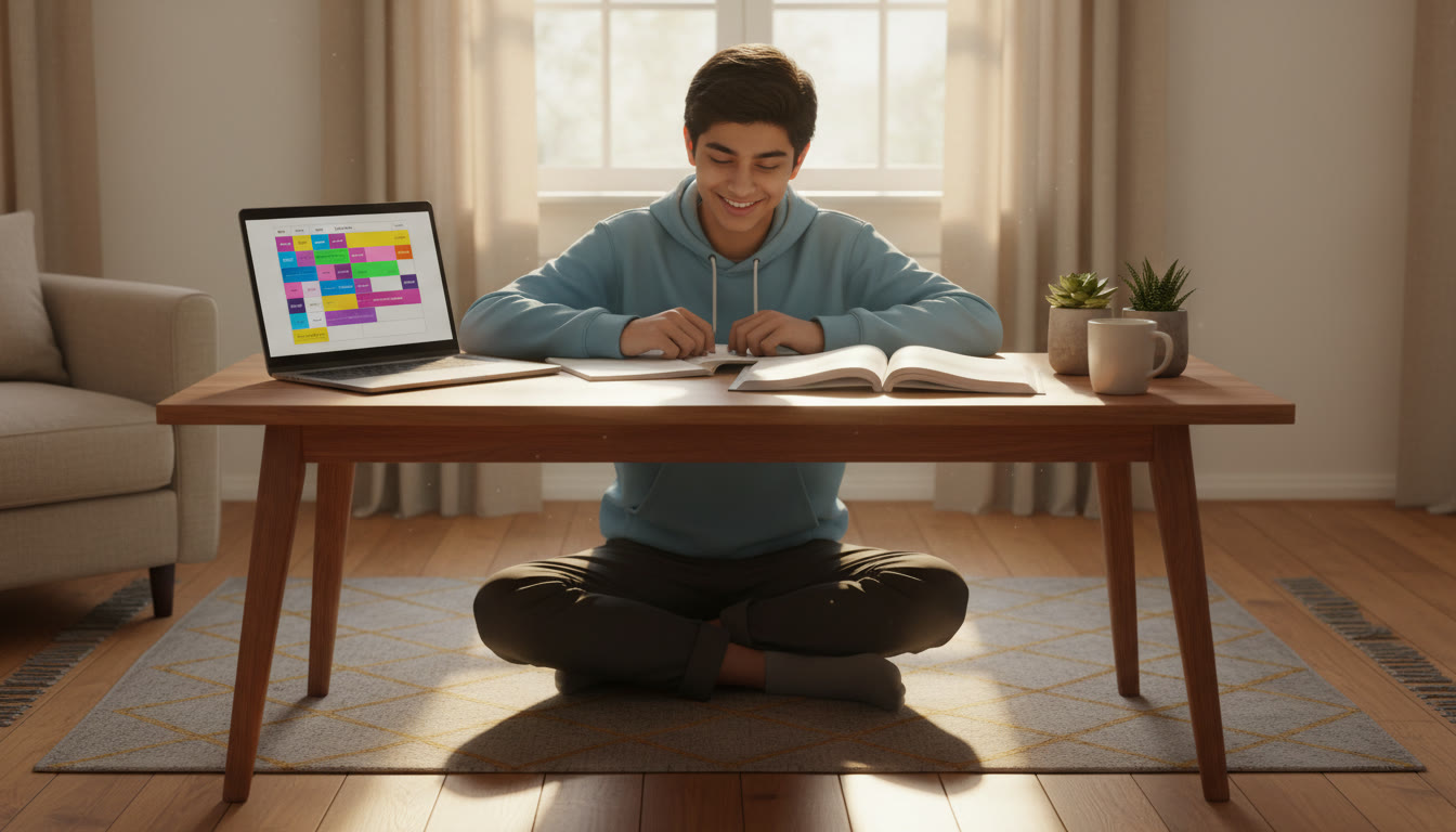 Photo Idea : A focused student at a tidy desk with notebooks, a laptop open to a timetable, warm morning light