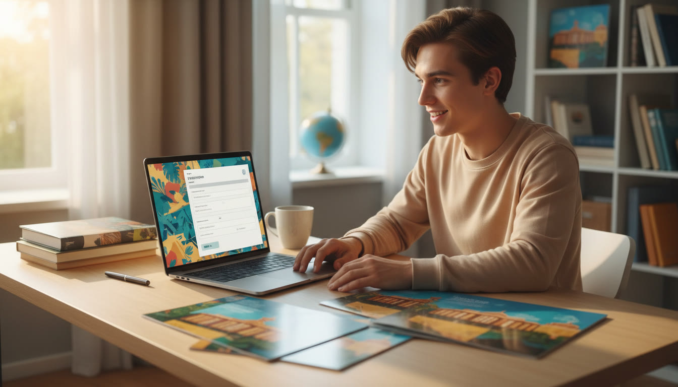 Photo Idea : A focused IB student at a desk, laptop open to an application form, with Australian university brochures spread nearby