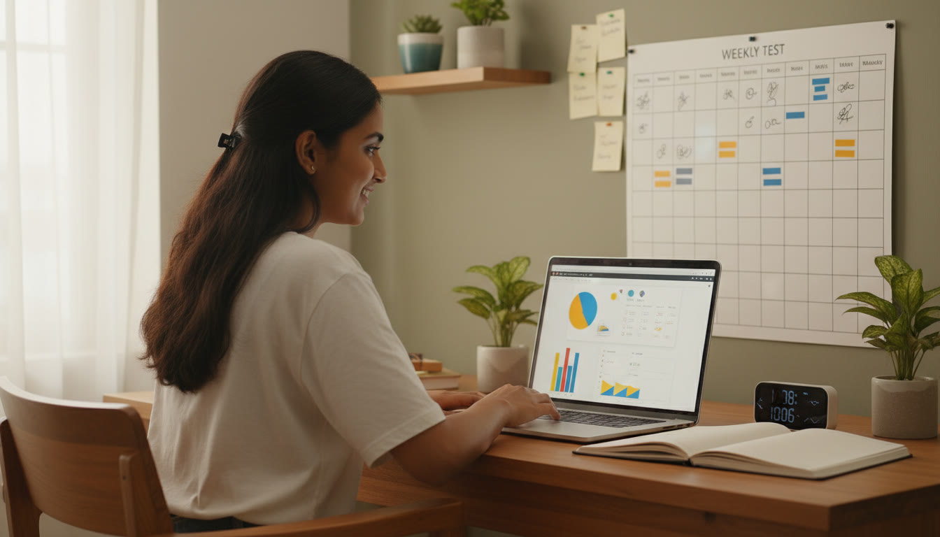 Photo Idea : A focused student at a tidy desk with a laptop showing a mock test interface, a notebook, timer, and a visible weekly planner.