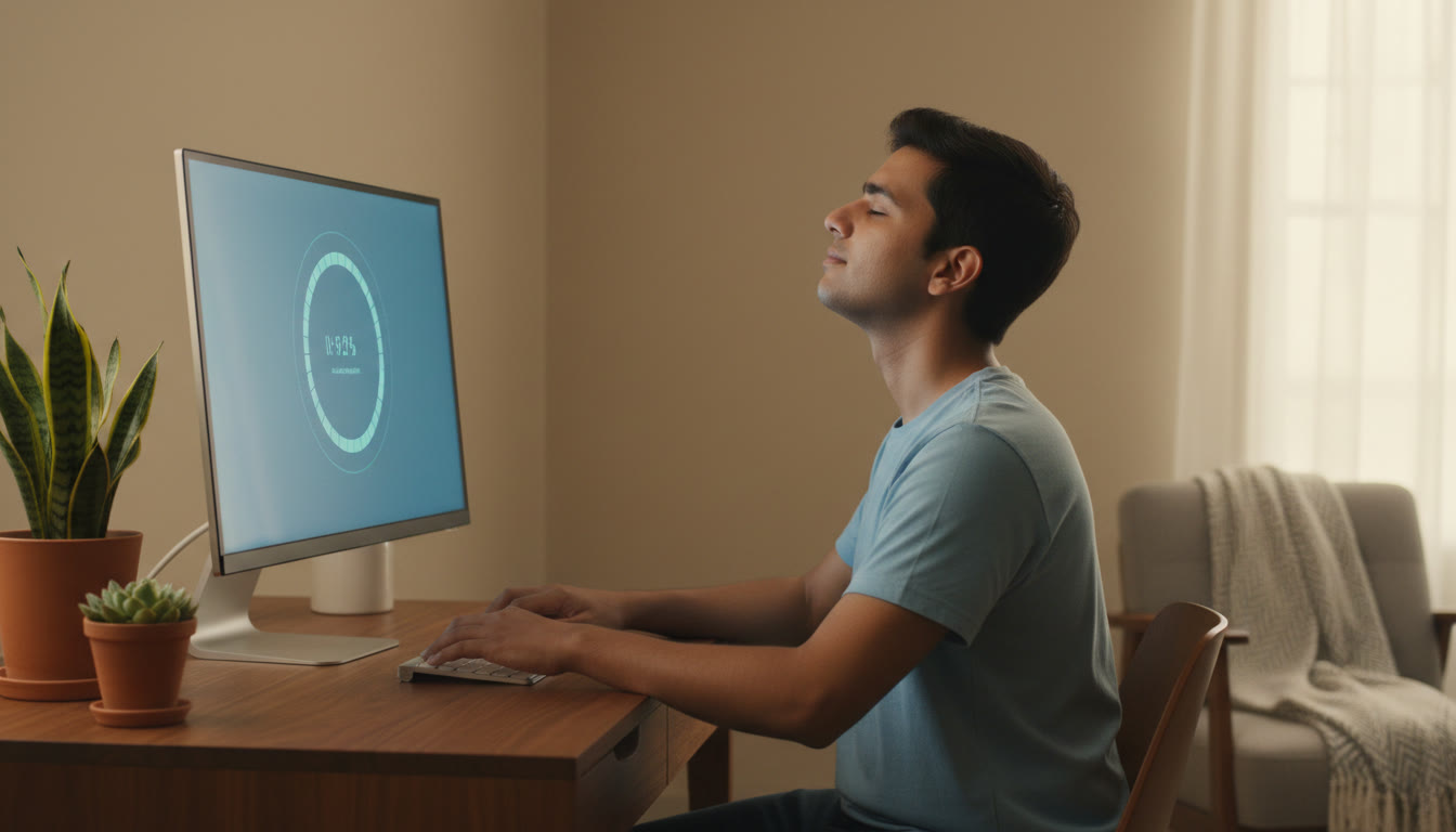 Photo Idea : A relaxed student at a computer-based test station taking a slow breath, with a visible countdown timer on screen.