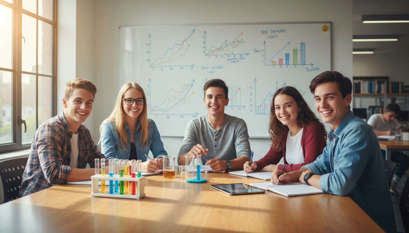 Photo Idea : A small group of students gathered around a table working on a collaborative science project with visible data charts