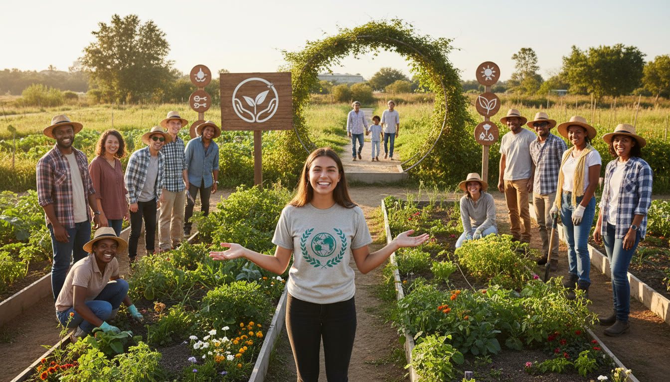 Photo Idea : A student presenting a newly built community garden to local volunteers, with visible signboards and team members smiling