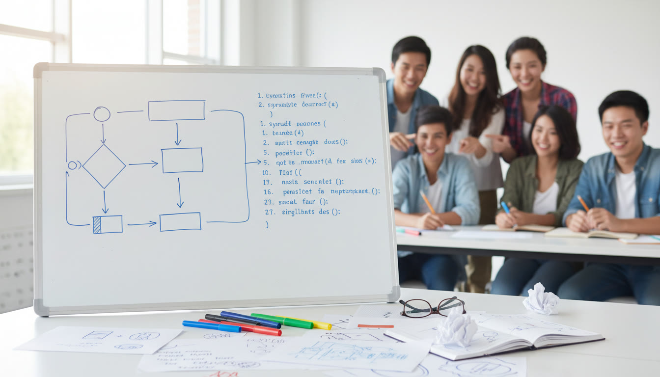 Photo Idea : Whiteboard with a flowchart linked to neat pseudocode steps, markers and student notes around it