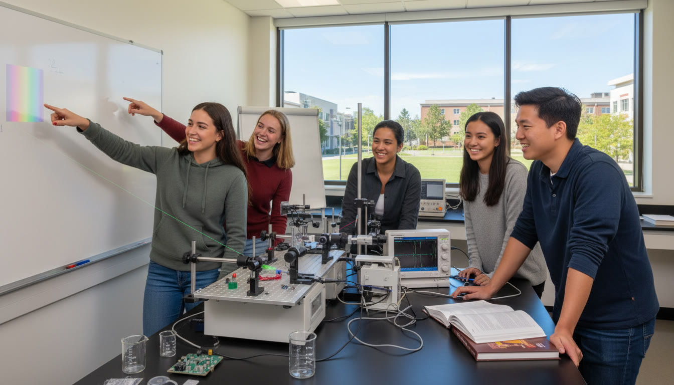 Photo Idea : a group of diverse IB students in a bright school lab collaborating over a physics experiment