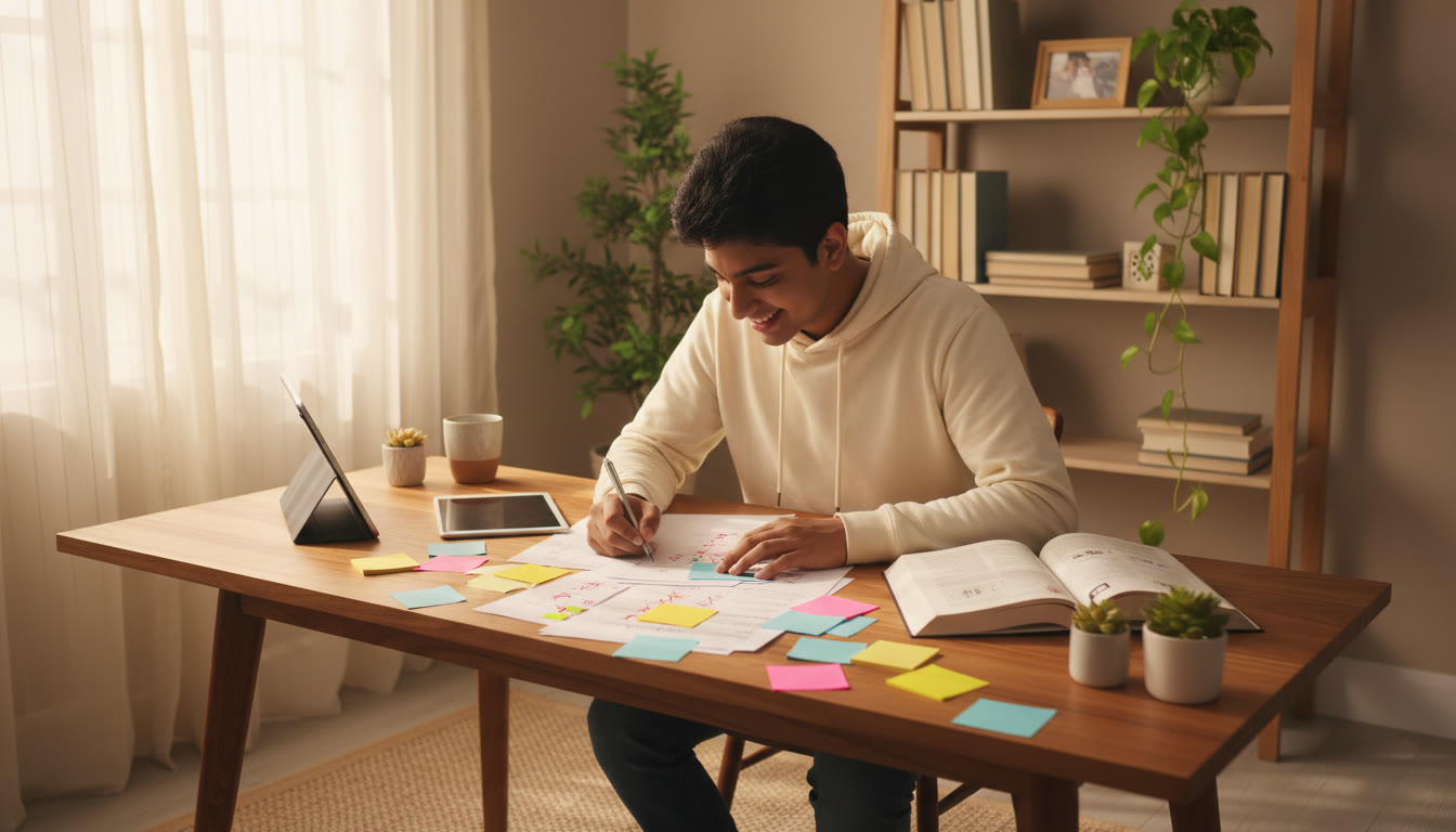 Photo Idea : A focused student at a desk reviewing a marked NEET mock test with colorful sticky notes