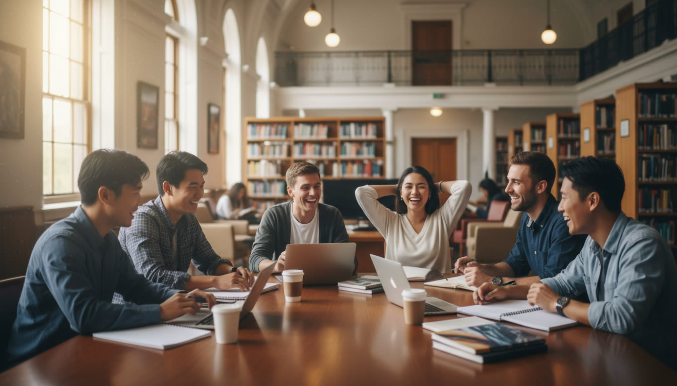 Photo Idea : A diverse group of IB students around a library table, notebooks open, discussing college essays