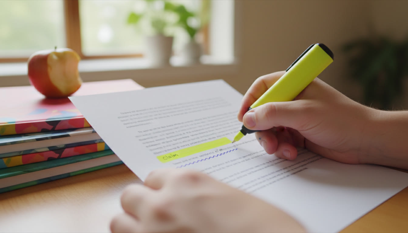 Photo Idea : close-up of a student annotating a printed paragraph, highlighting the claim and underlining the sentence of analysis