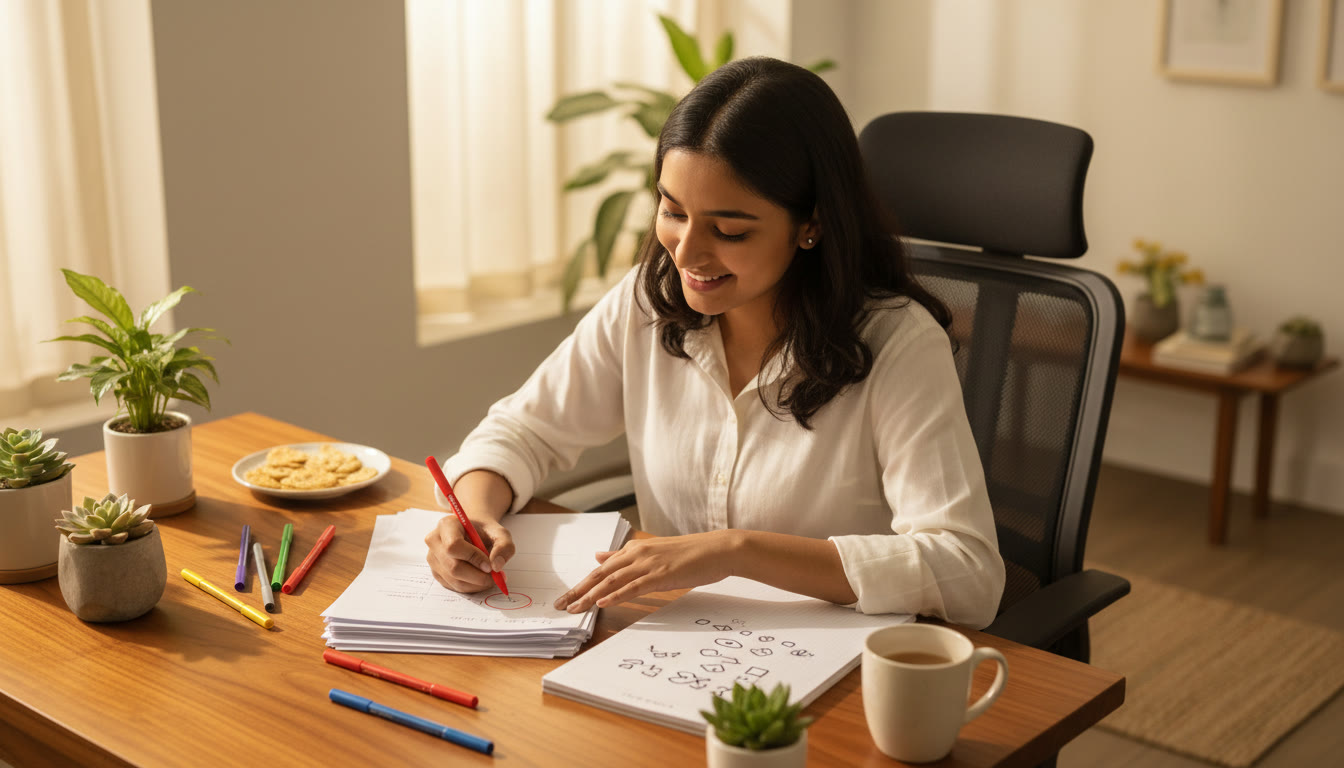 Photo Idea : A student marking a mock test paper with colored pens and a visible error log