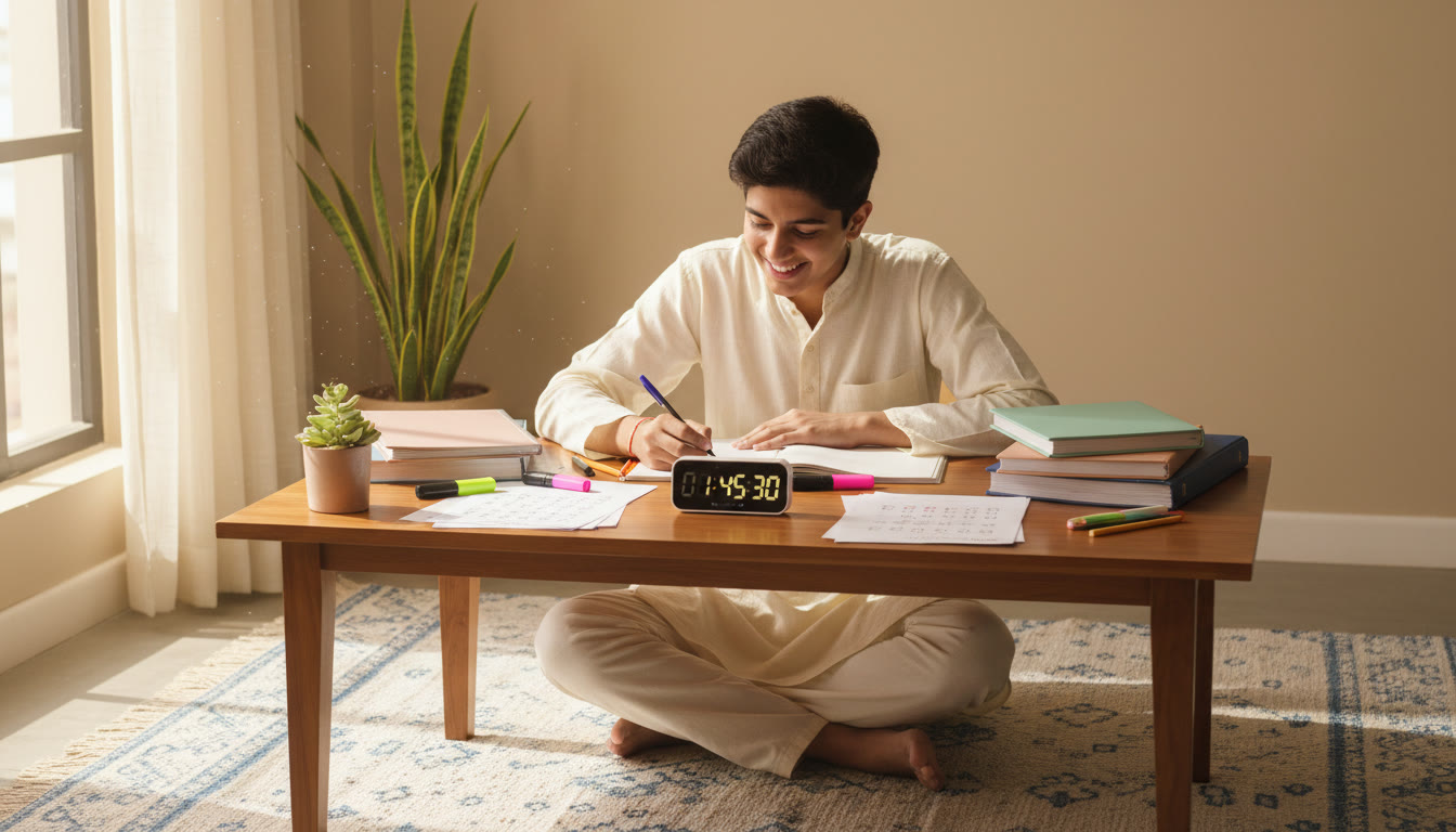Photo Idea : A motivated student at a desk with neatly organized NEET notes, a timer running, and practice test sheets spread out