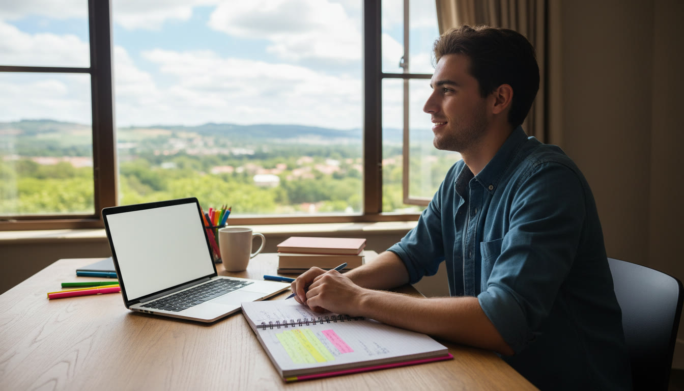 Photo Idea : Student sitting at a desk with an open notebook, highlighted notes, and a laptop, looking thoughtfully at a window