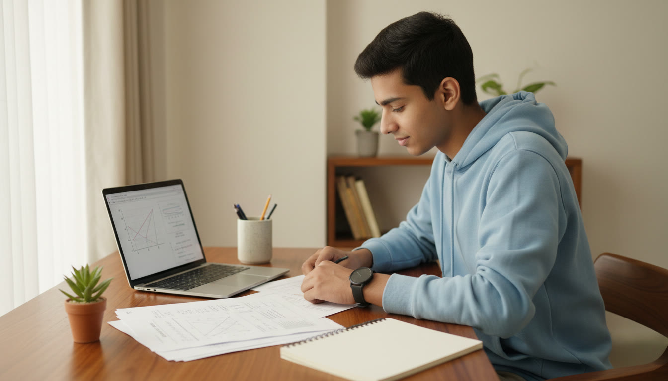 Photo Idea : Focused student at a desk with a laptop, printed mock-test paper, watch, and a neat error-log notebook