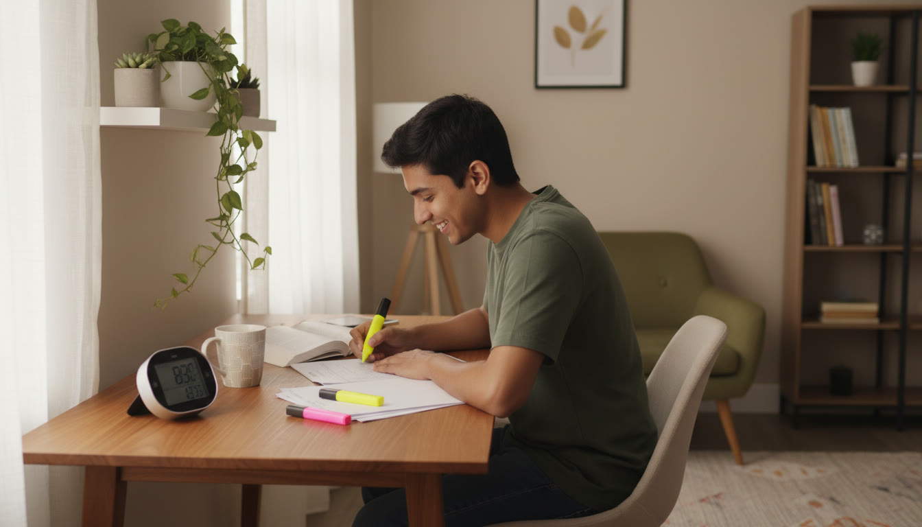 Photo Idea : Student reviewing mock test paper at a desk with a stopwatch and highlighters
