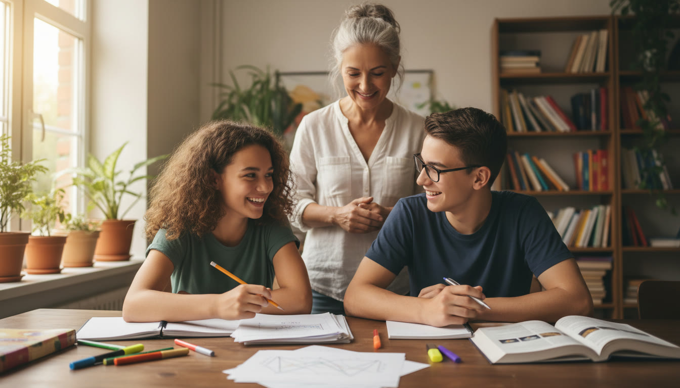 Photo Idea : Two students reviewing a past paper together with a tutor nearby
