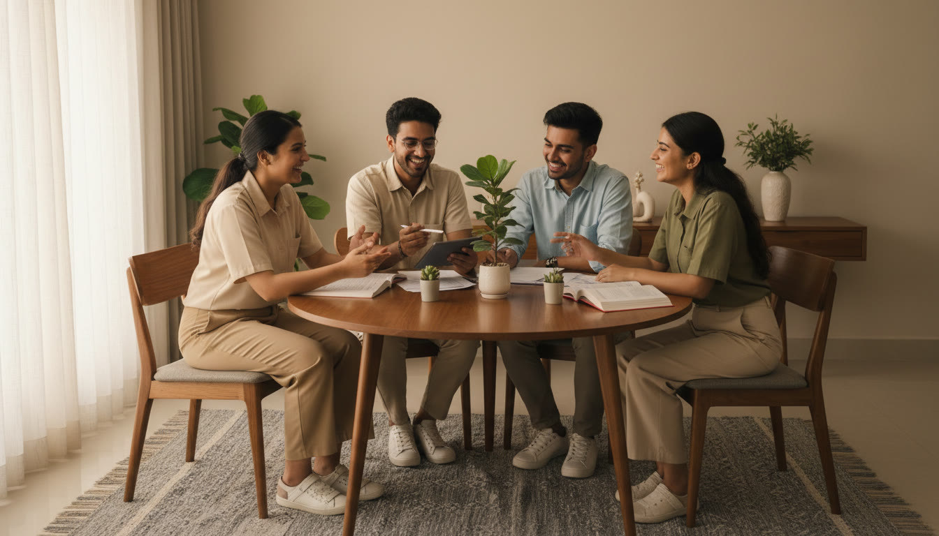 Photo Idea : a small group of medical and allied-health students discussing a patient case around a table