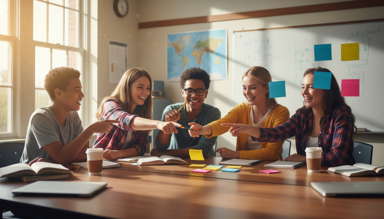 Photo Idea : Students in a sunlit classroom clustered around a table, pointing at sticky notes labelled with