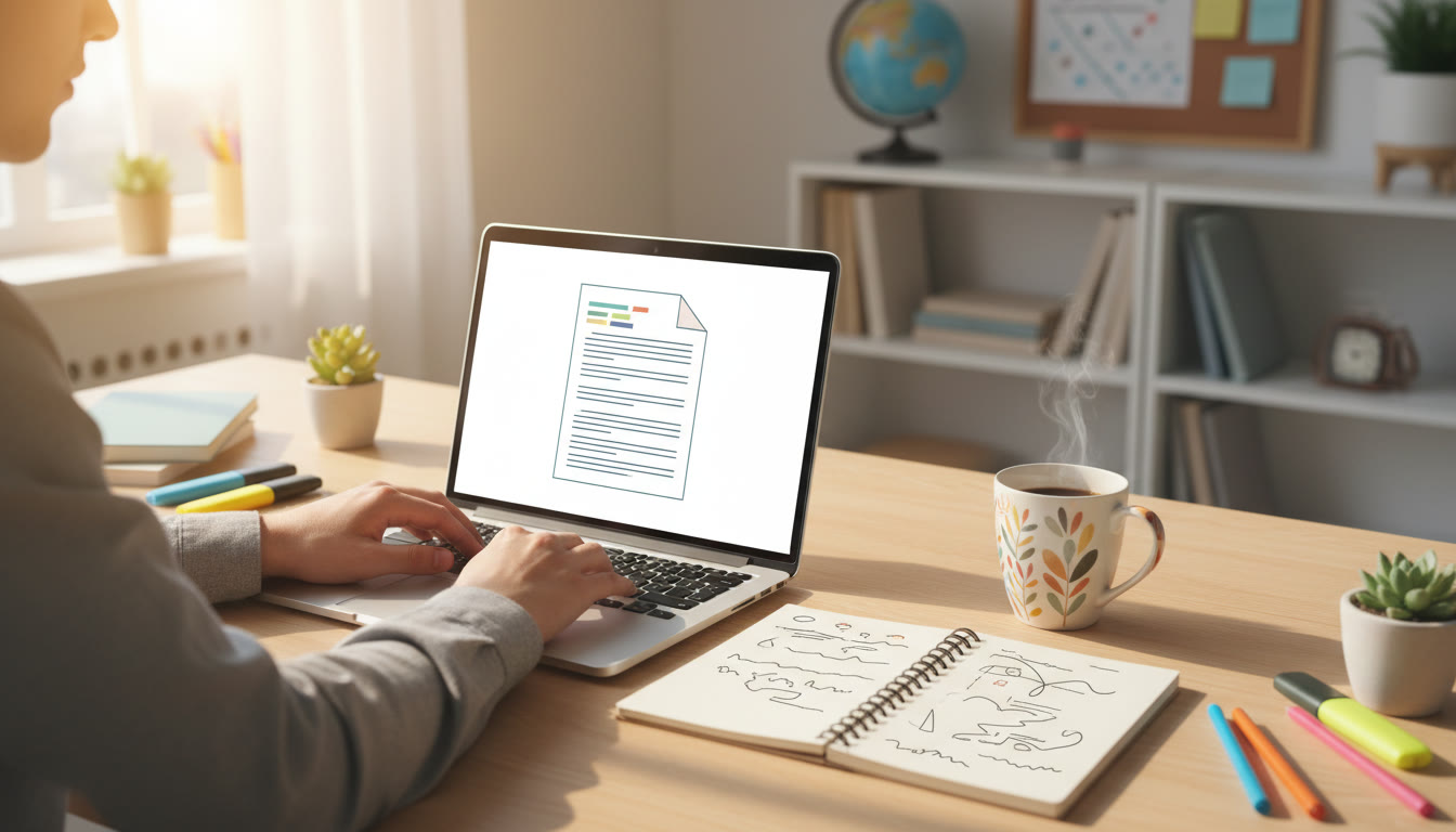 Photo Idea : Hands-on desk with a laptop open to an essay draft, a notebook, and a coffee mug