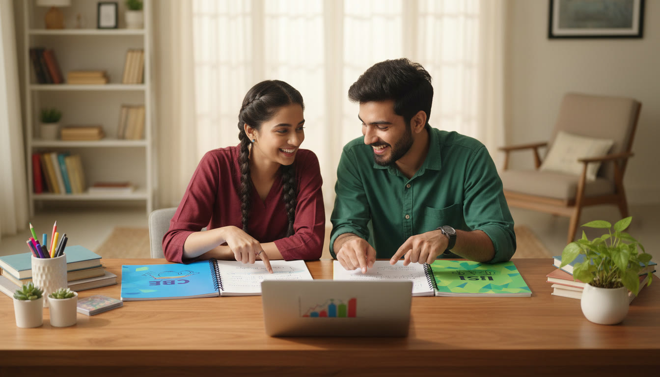 Photo Idea : Two students at a wooden desk comparing a notebook labeled "CBSE" and another labeled "ISC", surrounded by stationery and a laptop