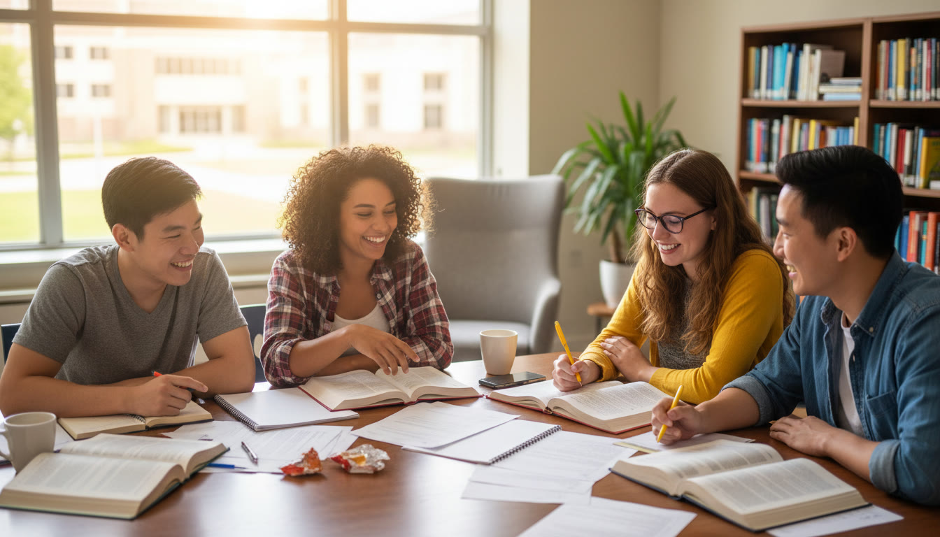 Photo Idea : Small group studying around a table with notebooks, pens and highlighted pages