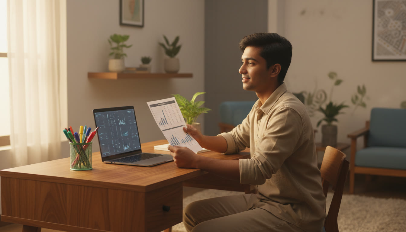 Photo Idea : Student at a study desk, looking thoughtfully at a printed NEET mock result sheet with a laptop and colored pens