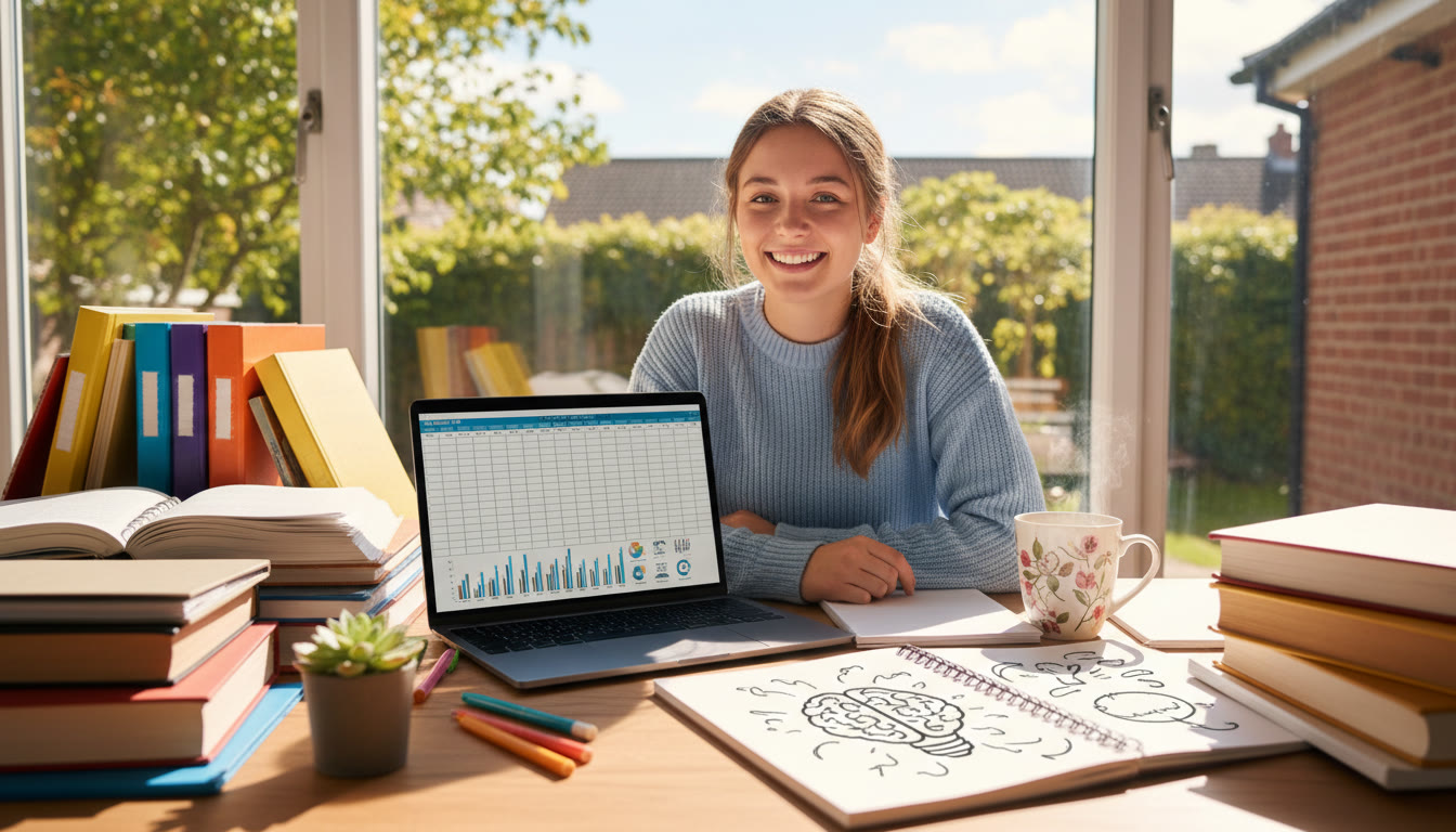 Photo Idea : Student at a desk surrounded by books, a laptop with a spreadsheet open, and a notebook labelled "EE Plan"