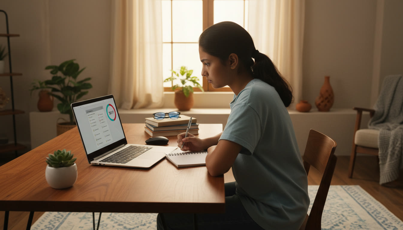 Photo Idea : A focused student at a desk taking a timed mock test on a laptop with a visible countdown timer