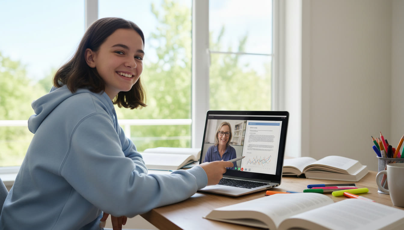Photo Idea : A student and online tutor on a video call, with a digital EE draft visible on the laptop