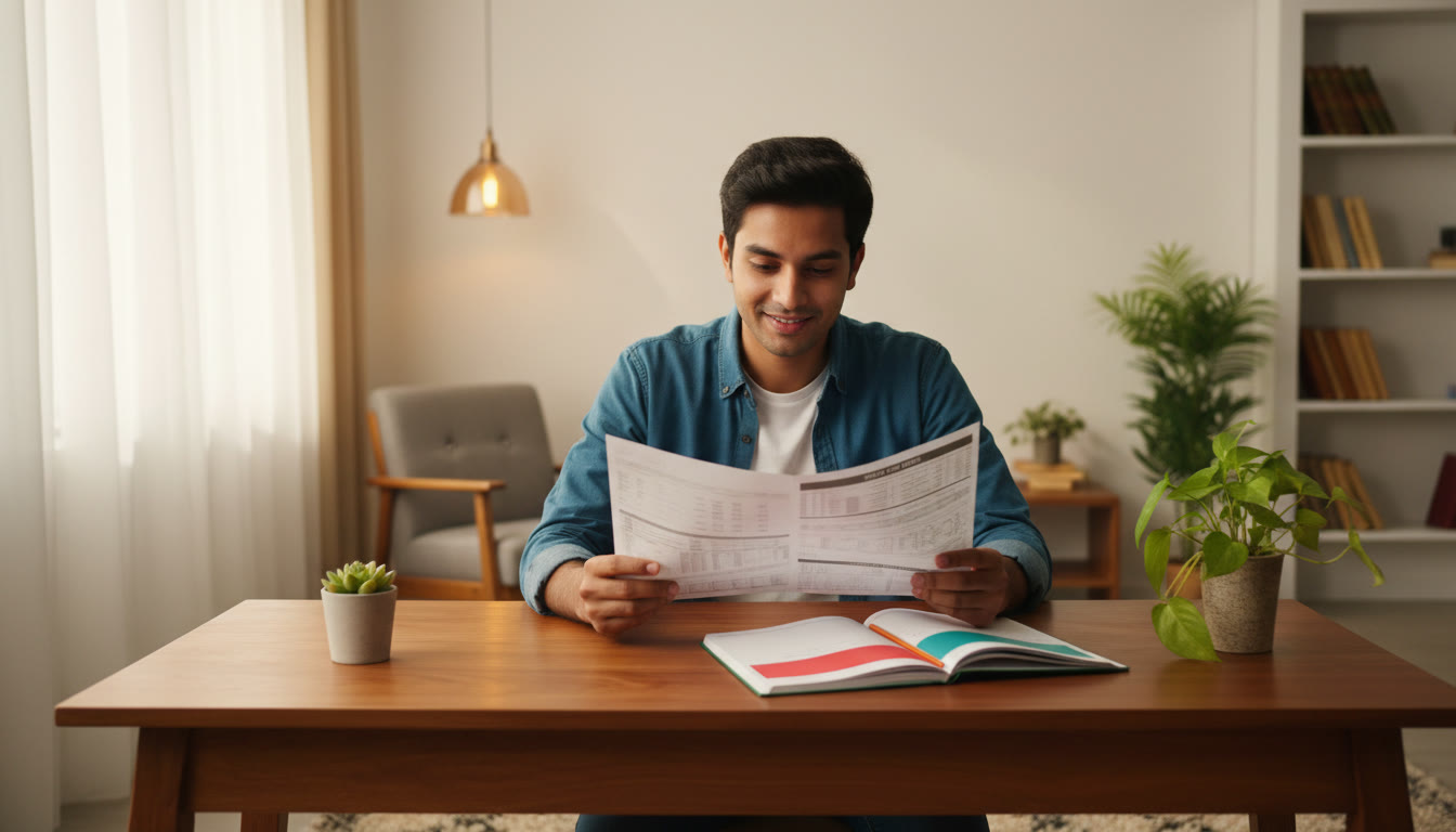 Photo Idea : Student analyzing a mock-test report printed on paper with a colored error-log notebook beside it.