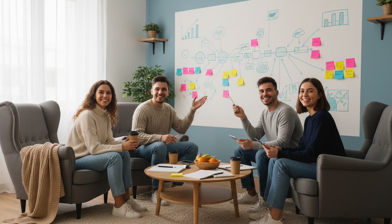 Photo Idea : A small team meeting in a cozy room, whiteboard with a CAS timeline and sticky notes