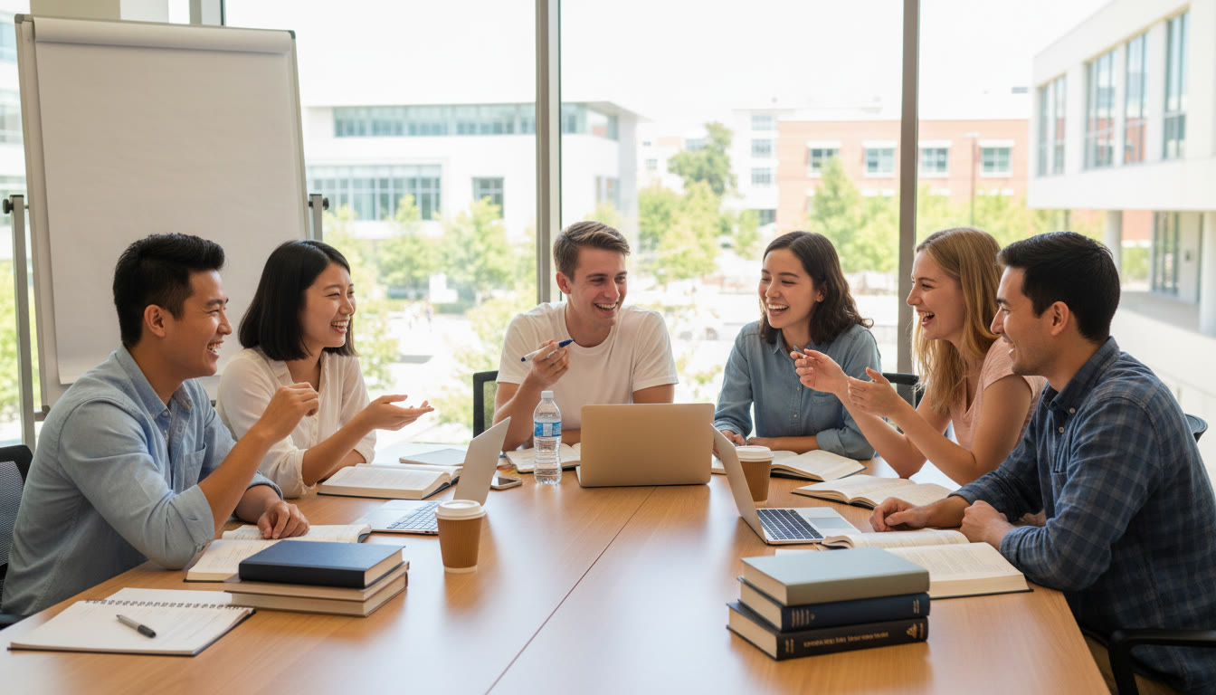 Photo Idea : A group of diverse IB students clustered around a table with laptops and business textbooks, brainstorming a project.