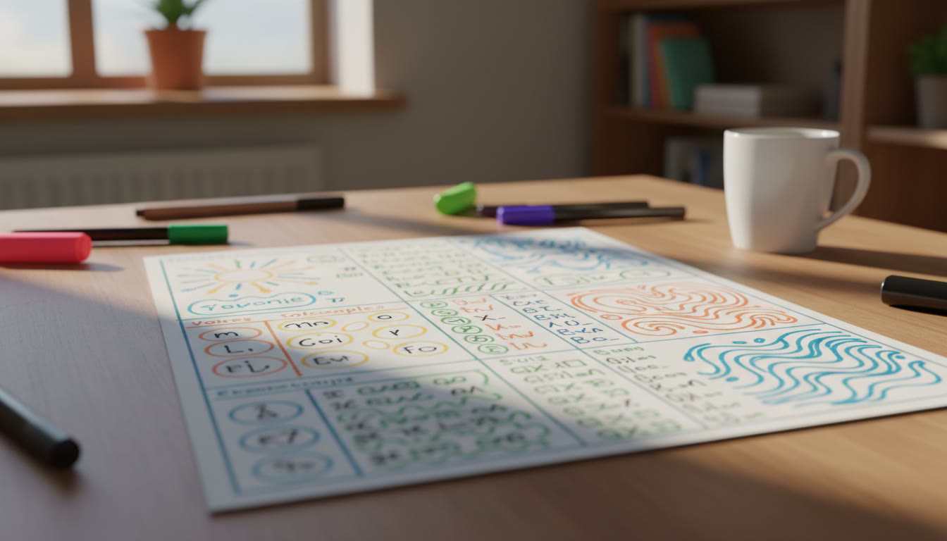 Photo Idea : close-up of a revision sheet with vocabulary lists, colour-coded notes, and example sentences