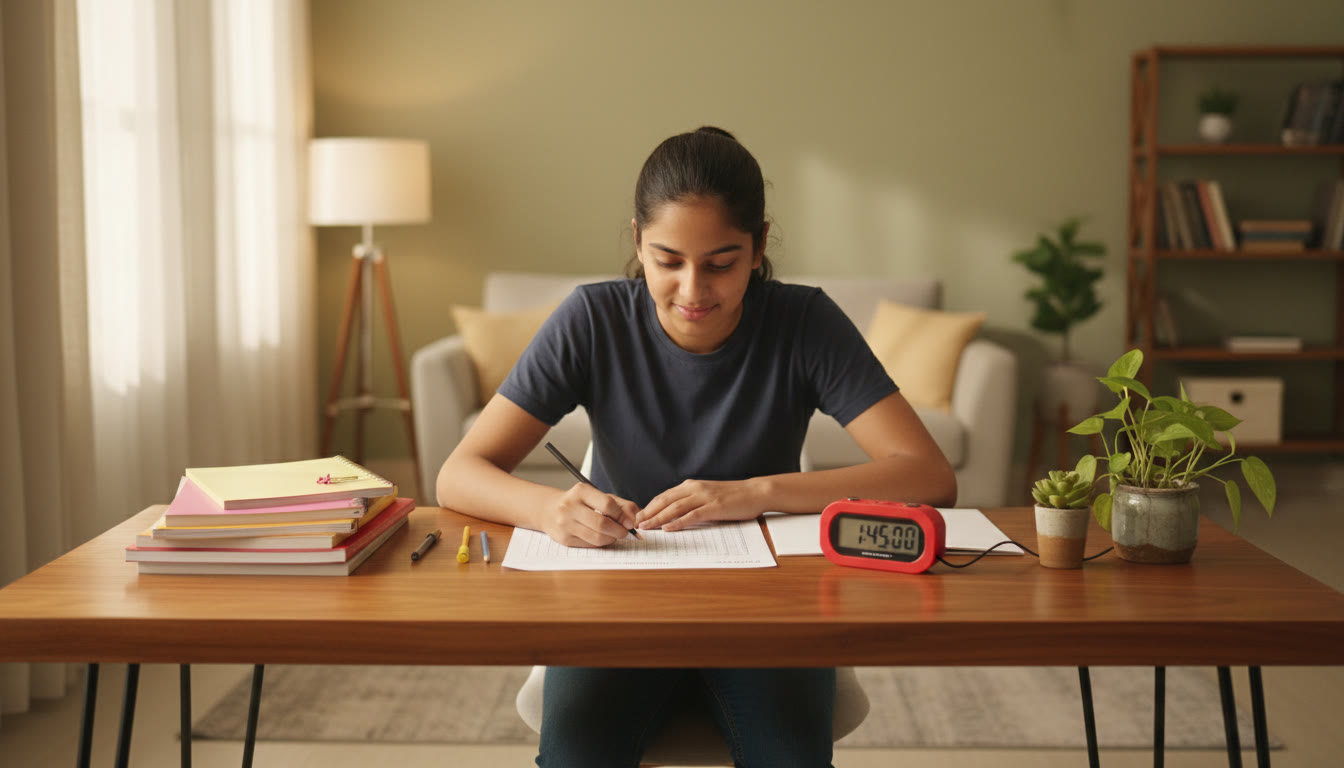 Photo Idea : A focused student taking a full-length mock at a desk with an OMR sheet, a stopwatch, and neatly arranged notes.