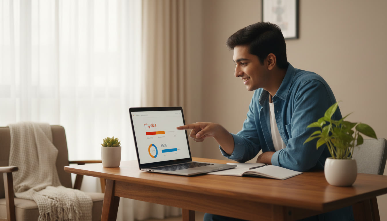 Photo Idea : Open laptop screen showing a visual analytics dashboard with subject-wise performance bars and a student pointing at the weakest bar