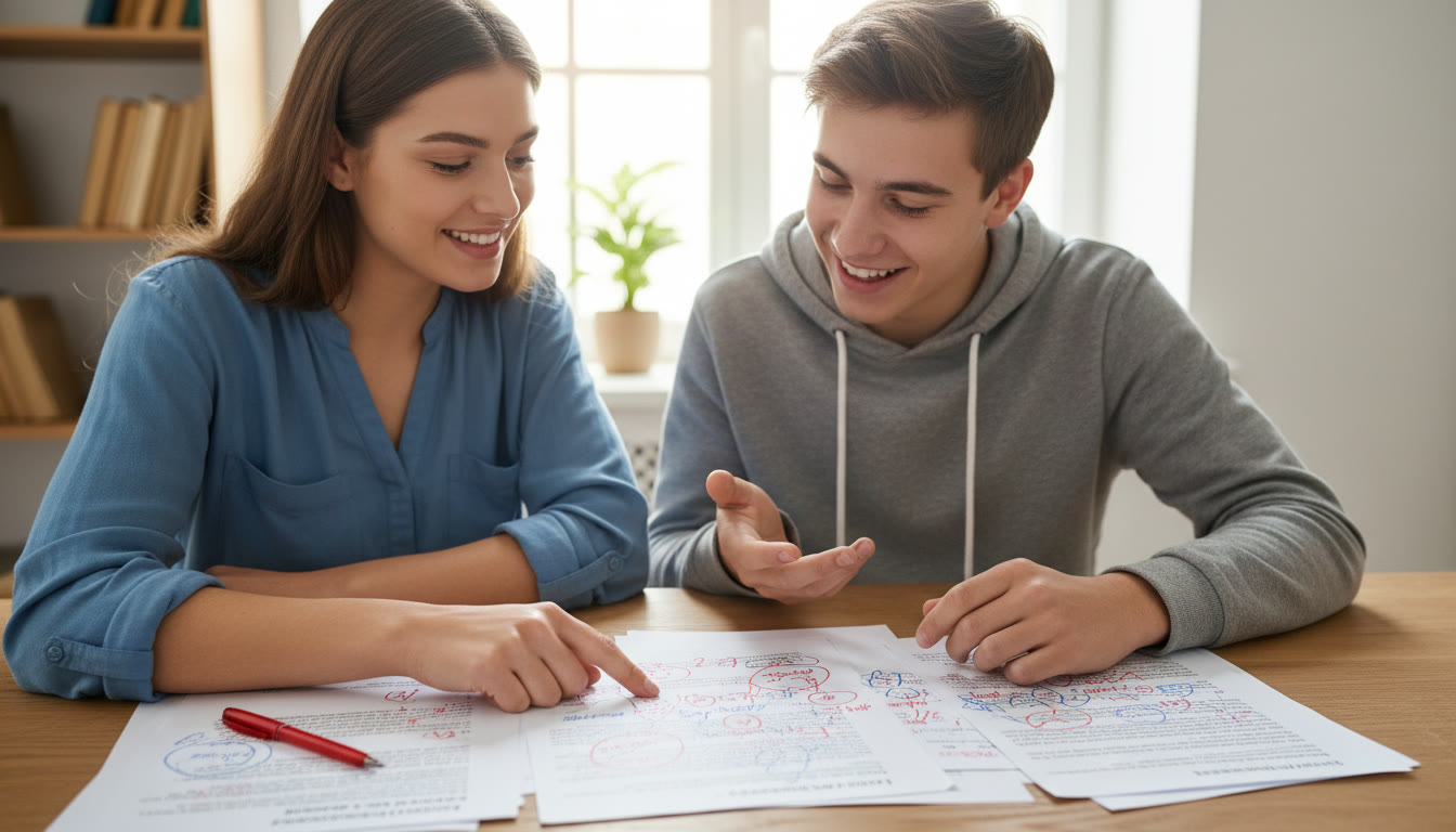 Photo Idea : A tutor and student reviewing a marked commentary together, red pen and annotated notes visible