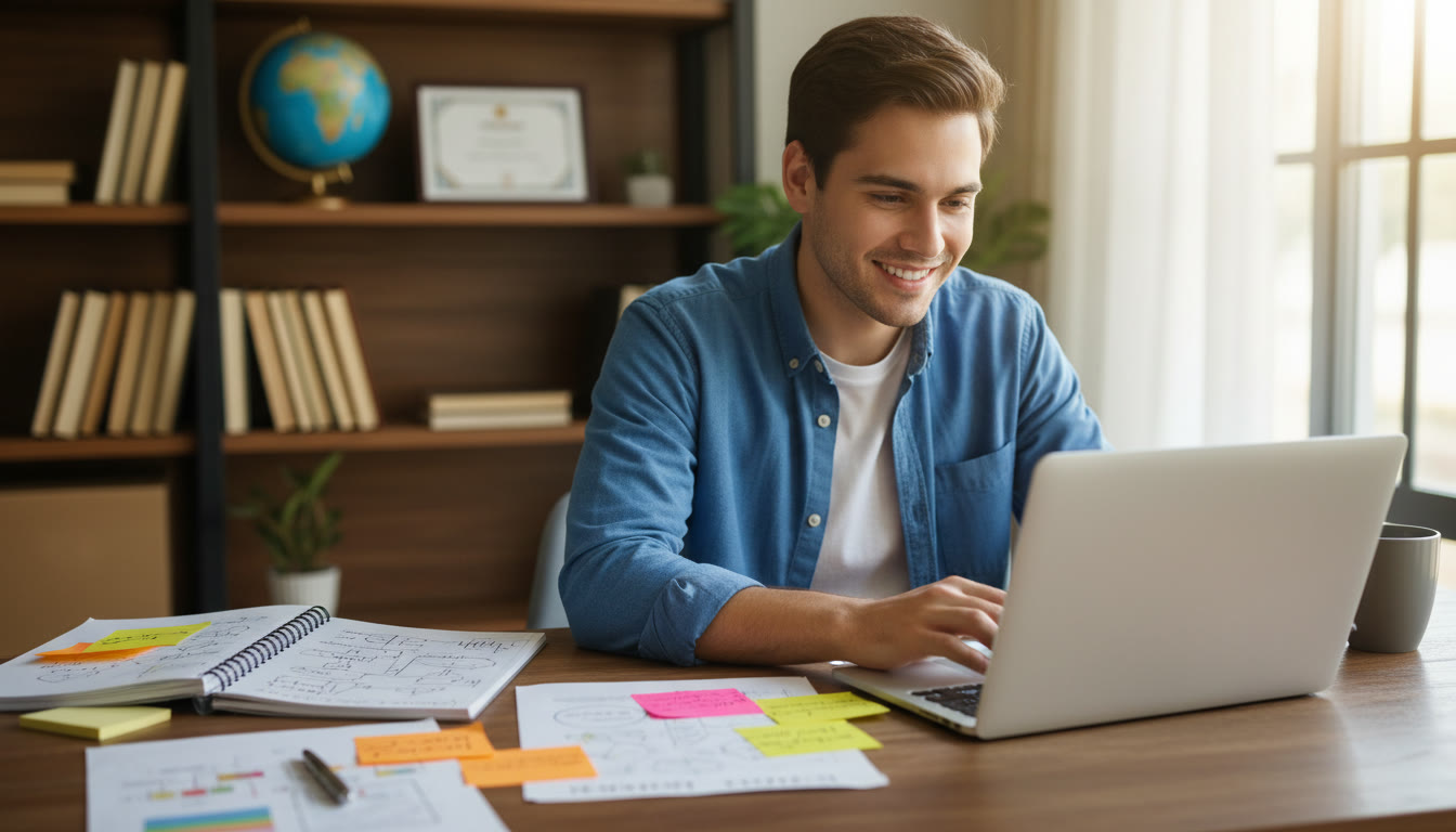 Photo Idea : student preparing for an interview with notes and a laptop